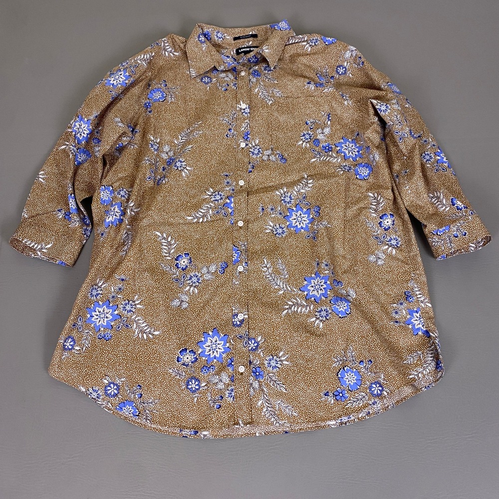 Lands End Button Up Shirt Women's Size 18T Tall Brown Blue Floral No Iron Supima